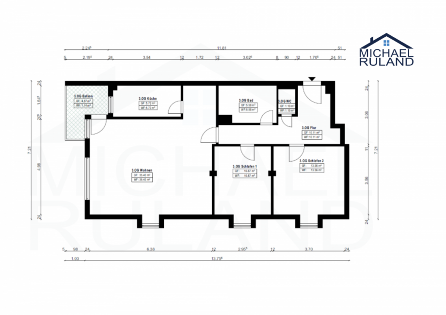 Grundriss bemasst Wohnung Grevenbroich kaufen 5865 Etagenwohnung Grevenbroich